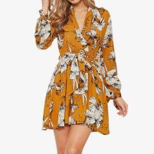 Yellow Floral Long Sleeve Deep V Neck Dress, L